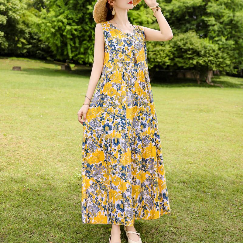 Элегантное женское платье без рукавов больших размеров с коротким рукавом и винтажным принтом, длинное платье, летняя повседневная женская одежда среднего возраста