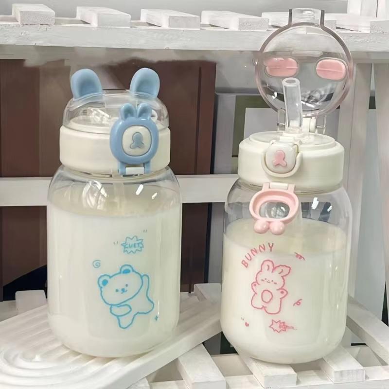 Бутылка для воды Kawaii Rabbit объемом 500 мл, портативная, симпатичная, в форме уха, пластиковая, с соломинкой и крышкой, для подарков на праздник на открытом воздухе