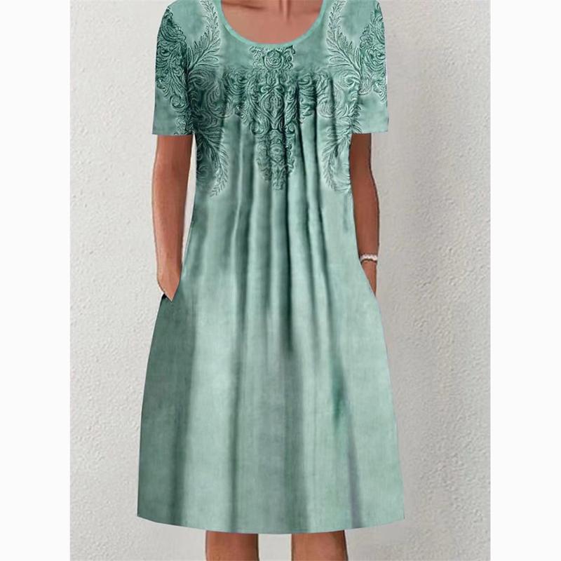 Весенне-летнее повседневное платье больших размеров с цветочным принтом для женщин, элегантное свободное длинное платье трапециевидной формы, женские платья с карманами и круглым вырезом 24063