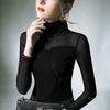 Autumn Mesh Slightly Transparent Sexy Strap Splice Fashion Style High Neck Long Sleeve Versatile Trendy Women's Shirt