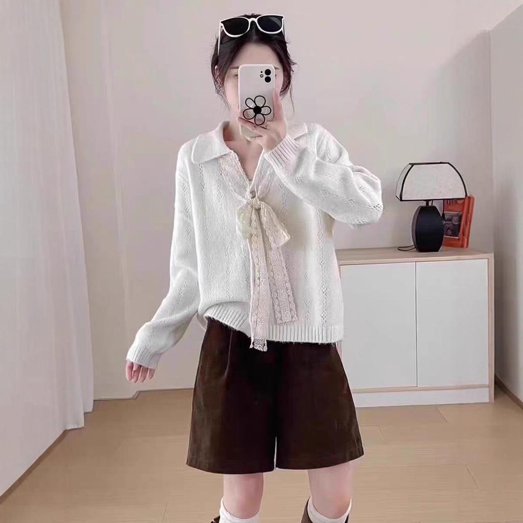 Кружевной кардиган с лацканами на шнуровке, вязаный топ, новый свободный ленивый свитер-жакет для женщин на осень и зиму