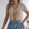 Women Crochet Tops Short Sleeve Lace-up Hollow Design Knitting Tops Sun Protection Summer Vacation Tops