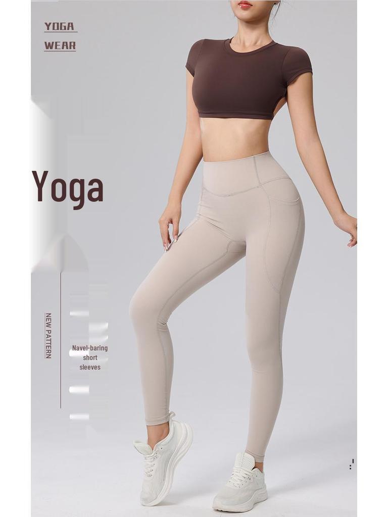 Wangtu Women's Short Sleeve Yoga Crop Top with Chest Pad for Exercise and Fitness