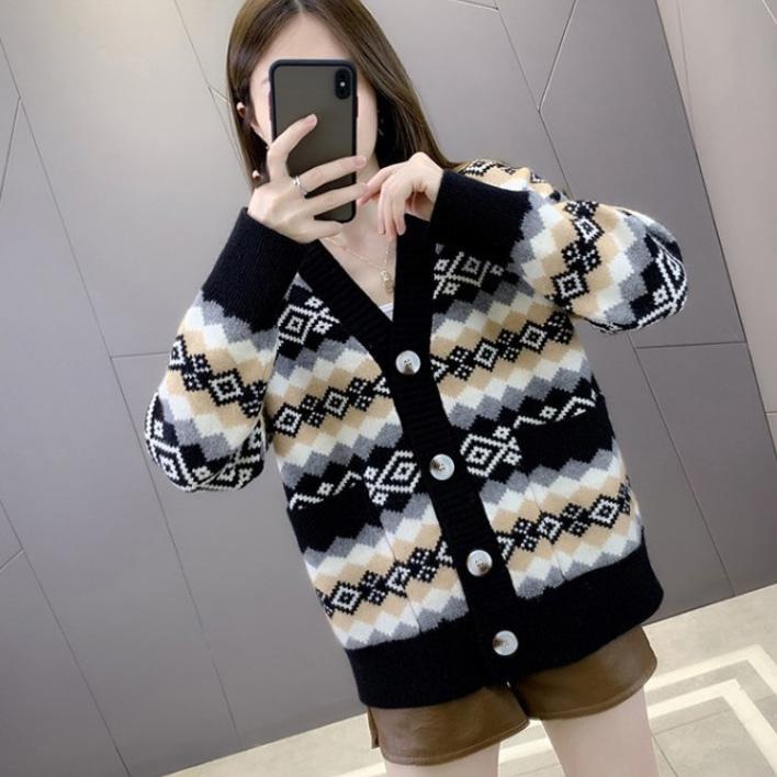 Женский осенне-зимний полосатый повседневный топ с V-образным вырезом, длинный рукав, трикотажный свитер, кардиган