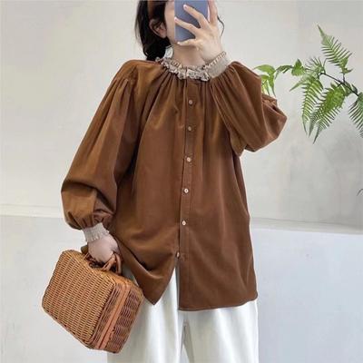 Осенне-зимняя японская рубашка с круглым вырезом и отделкой из грибка, вельветовая женская свободная верхняя часть из леса