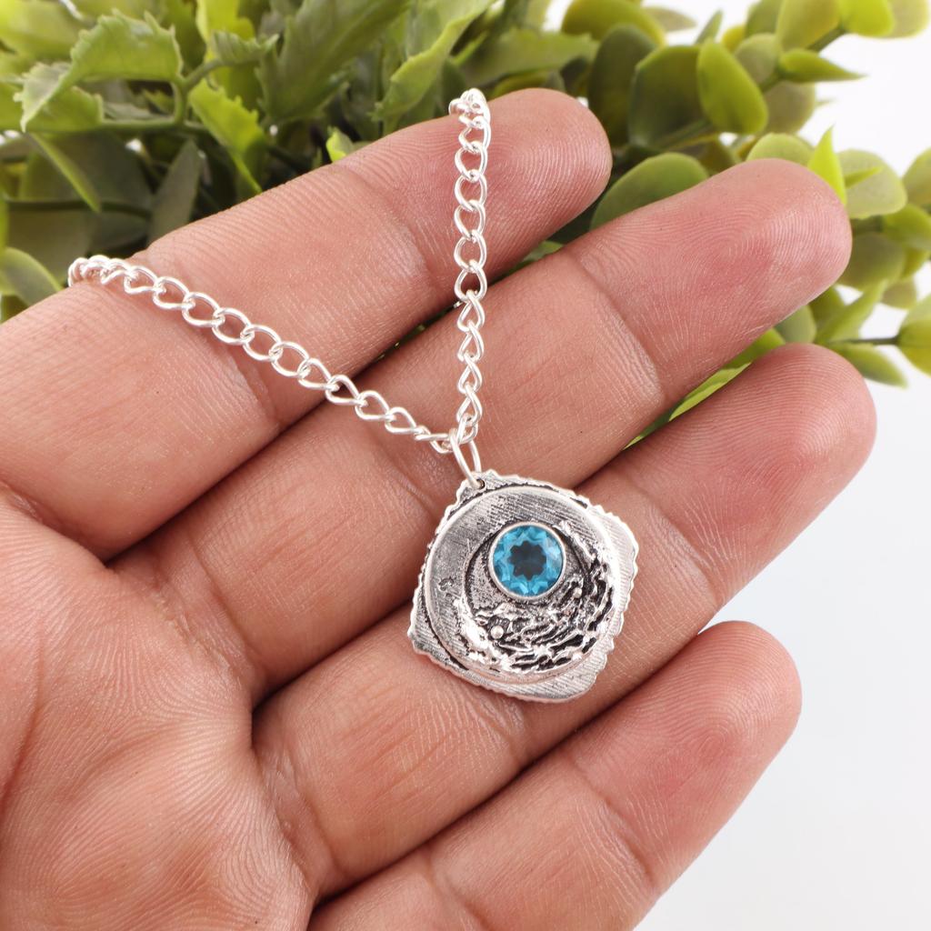 Swiss Blue Topaz Pendant Gemstone, 925 Solid Sterling Silver Pendant Jewelry, Handmade Pendant, Silver Jewelry For Gift