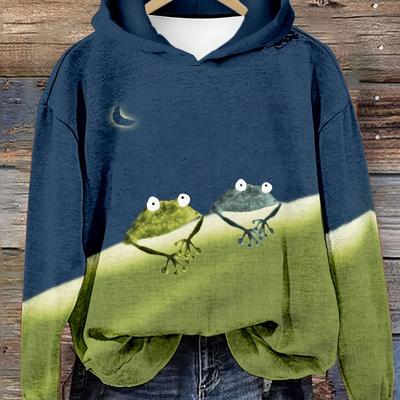 Женская толстовка с капюшоном и принтом лягушки - удобная повседневная толстовка с привлекательным дизайном - мягкий длинный рукав для повседневного модного стиля
