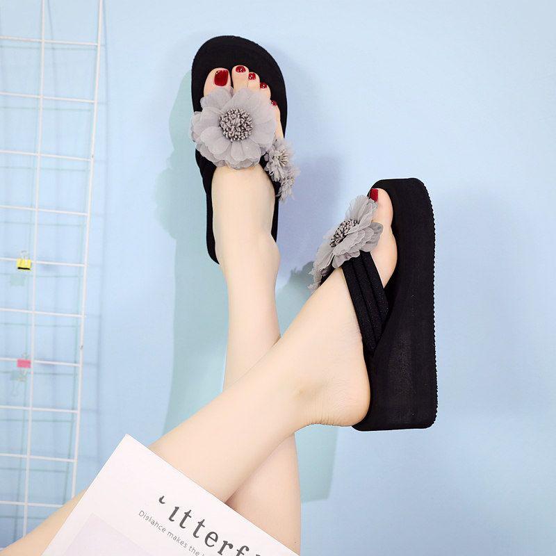 Flower Slope Heel Flip-flops Thick Soled High Heeled Slippers Women Beach Anti-skid Slippers Fashion Lightweight Comfortable Simple Casual