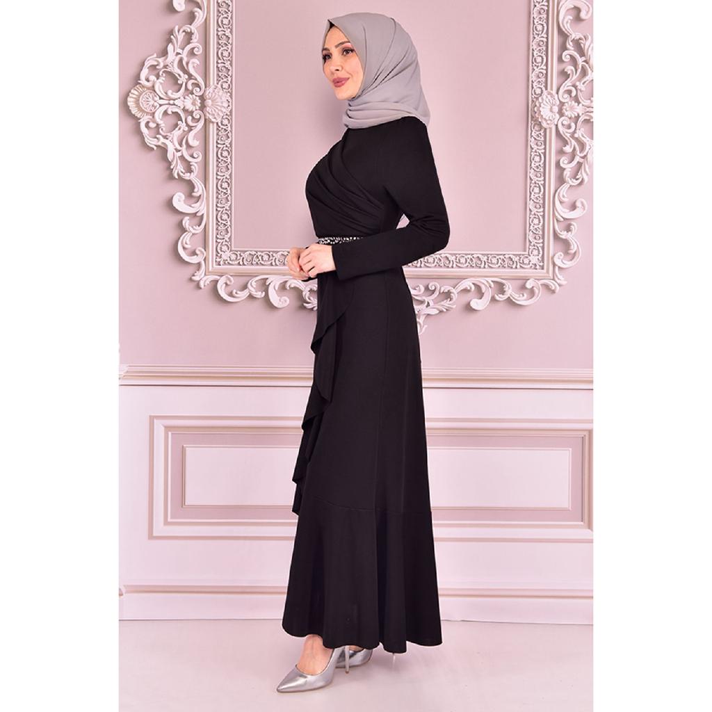 Women's Clothing Evening Dress Fashion Skirt Flounced Belt Stoned Hijab Evening Dress 2497 Black