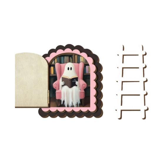 Ghost Shaped Wood Craft Halloween Cute Door Ornaments, Miniature with Ladder, Wooden Ornament 3 Layer Arch for Wall Bookshelf Decoration Eco Friendly