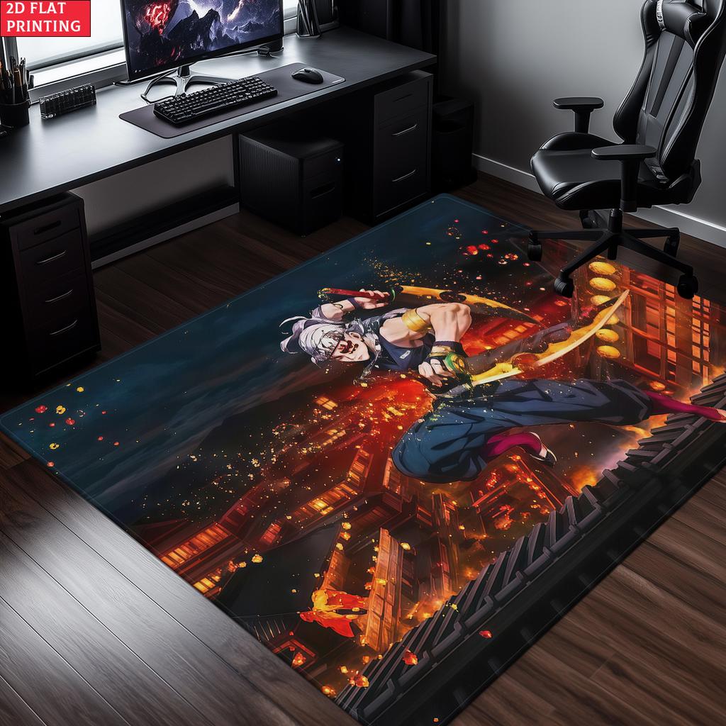 Cool Anime Warrior Printed Rug,Fire Theme Decorative Floor Carpet,Large Mat for Gamer Room,Bedroom,Living Room,Home Decor Gift