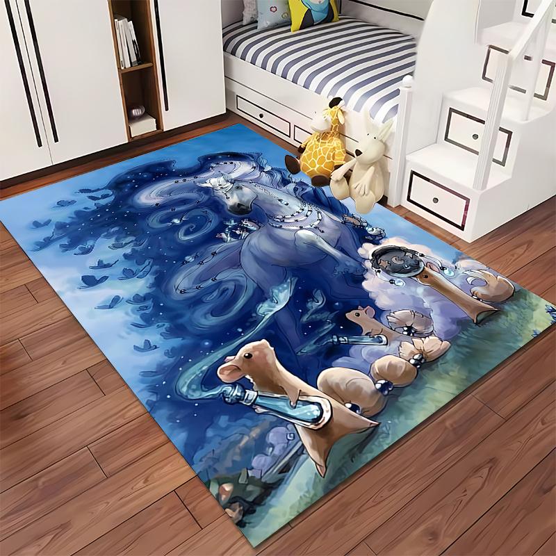 "Fantasy Blue Carpet with Unicorn, Starry Sky, and Cute Animals Design" Suitable for use as an anti-slip for living room bedroom sofas