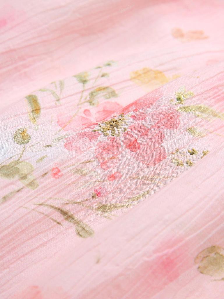 Rosegal Plus Размер Цветочный принт Кружевная отделка С рюшами и оборками по краю тюльпана Ребристое текстурированное платье с пряжкой в виде ракушки