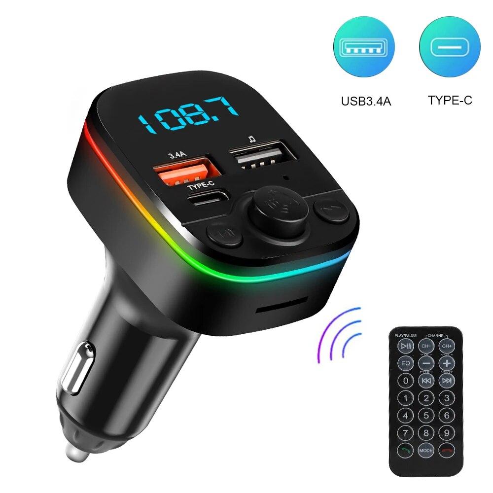 Car FM Transmitter Wireless Bluetooth 5.0 Mp3 Player Type-C 3.4A Dual Port USB Fast Charger with Remote Control Ambient Light Handsfree Audio Receiver