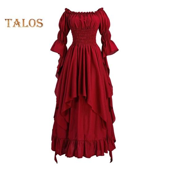 Women Ball Gown Off Shoulder Gothic Long Horn Sleeves Irregular Layered Pleated Elastic Tight Waist Solid Color Retro Renaissance Party Prom Maxi