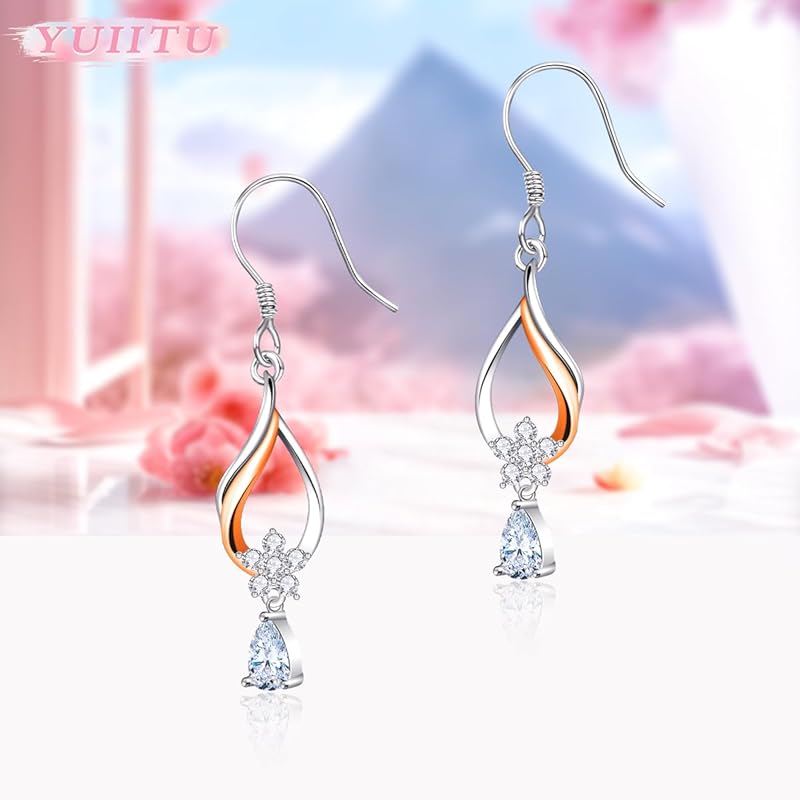 YUIITU Earrings Ladies Popularity Drop Zirconia Hook Sway Two Tone Color Earrings Silver Compatible with Metal Allergies Simple Woman Flower Present