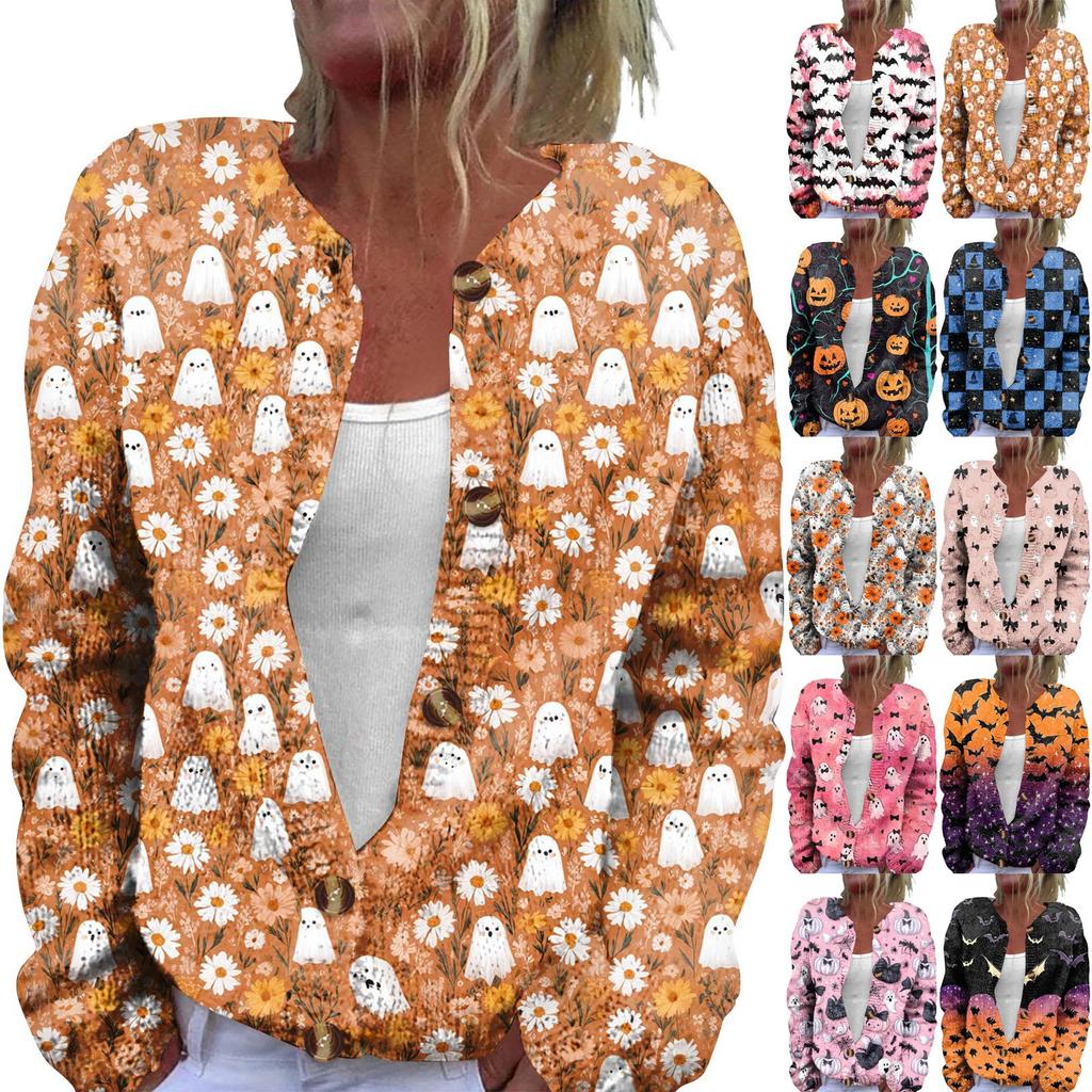 Women's Fashion Printed Long Sleeve Knitted Cardigan Button Down Jacket