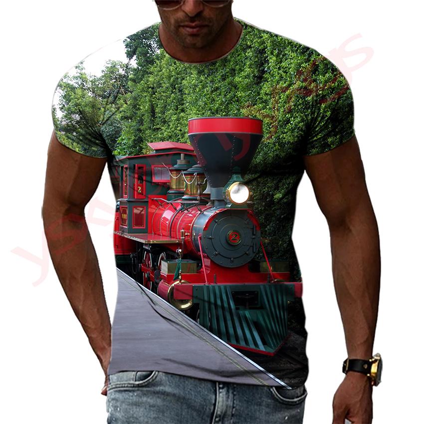 Ретро паровоз. Начальная точка промышленной революции. Хип-хоп мужские футболки. 3D-принт. Круглая горловина. Футболка с коротким рукавом.