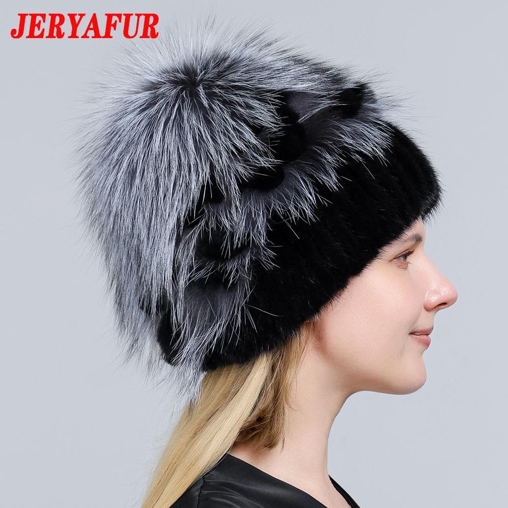 JERYAFUR Женская шапка из натурального меха норки, помпон из лисы, цветы кролика, стильная теплая модная зимняя шапка из натурального меха для девочек, вязаная