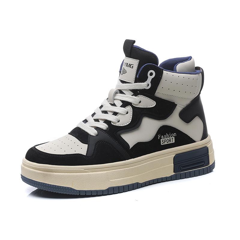 Genuine Leather High-top Shoes for Women, Autumn/winter Thick-soled Color-block Sneakers, New Fleece-lined Casual Style Sports Shoes for Women