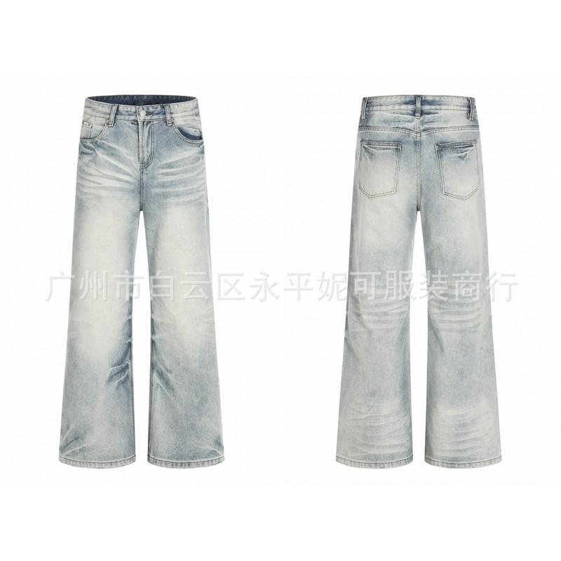 Mens Distressed Straight-Leg Flared Jeans With Whiskering Mid-Rise Cotton Denim Washed Vintage Streetwear Style
