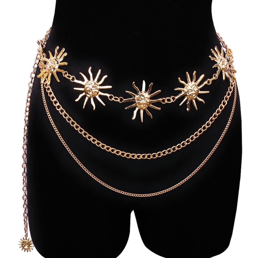 Fashion Hip Hop Metal Womans Layered Belt Sun Waistband Punk Waist Chain Dress Cummerbands