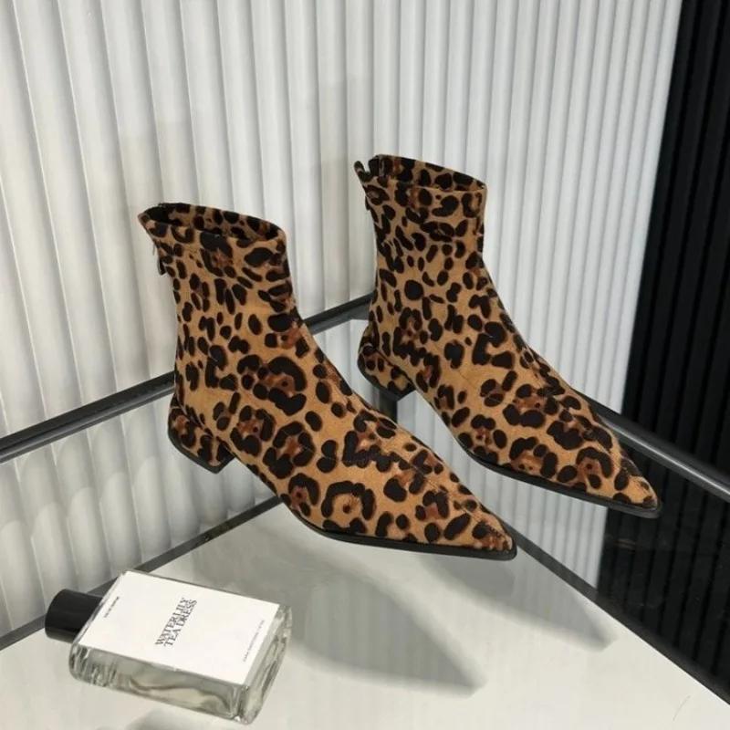 Women's Boots  New Spring Stiletto Heel Ankle Boots Fashionable Leopard Print Side Zipper Large Size Medium Heel Ankle Boots