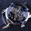 WINNER Черные часы-скелетоны с синей гравировкой, мужские часы с кожаным ремешком, автоматические часы лучшего бренда класса люкс