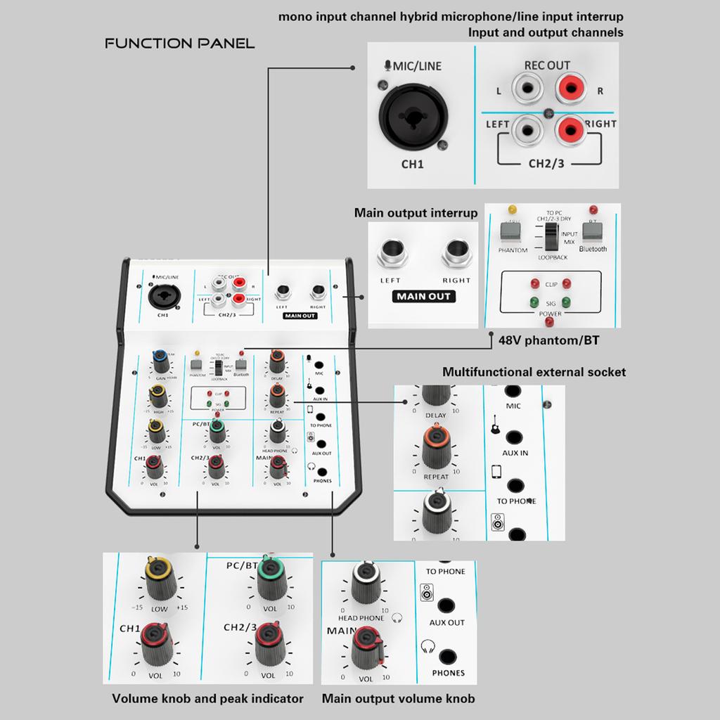 Audio Mixer 3-Channel Mixing Console 48V Phantom Power for Home Studio Recording DJ Network Live