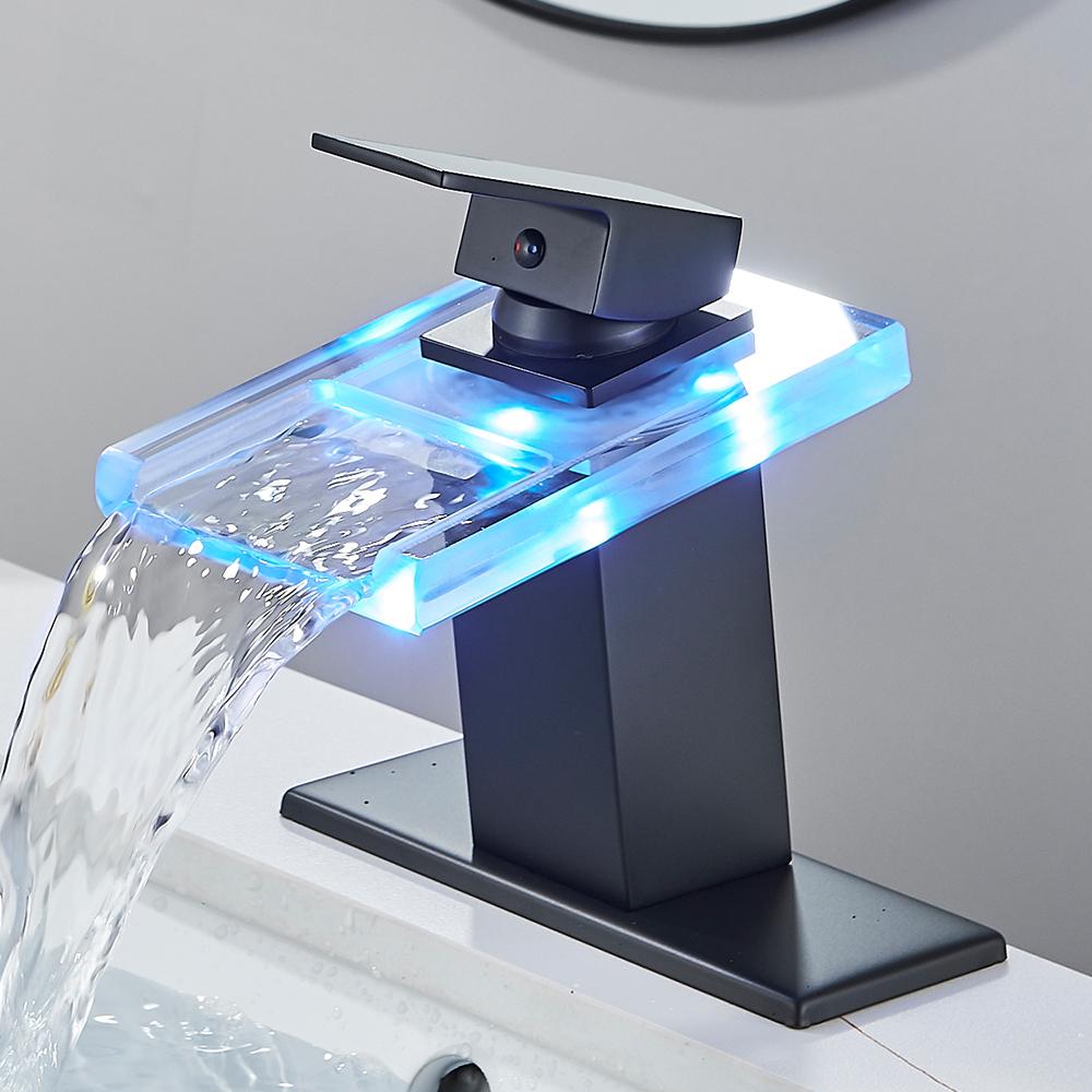 Светодиодный смеситель для раковины в ванной комнате с водопадом из латуни, с изменением температуры и цветов, смеситель для ванной комнаты, настенный смеситель для раковины, стеклянные краны