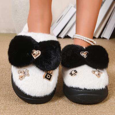 Модные пушистые хлопковые тапочки с бантом для женщин 2025 толстая подошва теплые зимние домашние тапочки женские удобные нескользящие домашние тапочки женские