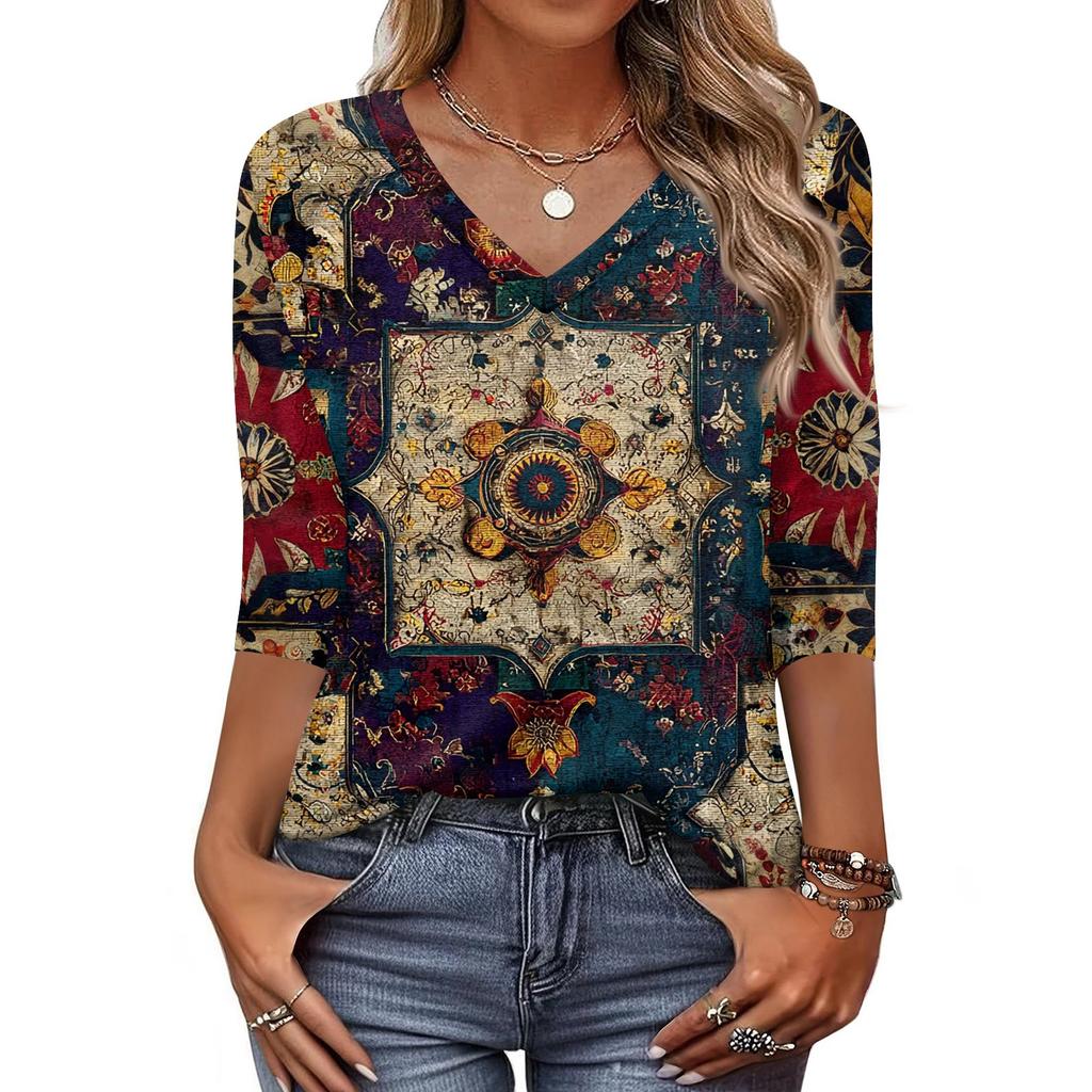 Women's T Shirt Print 3/4 Sleeve Daily Weekend Fashion Basic V- Neck Regular Top