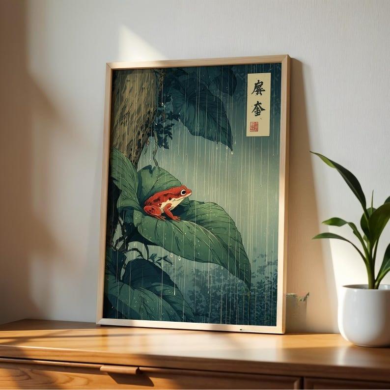 1pc Japanese Frog Canvas Wall Art, Unframed Vintage Rainforest Wall Art Print, Red Frog on Leaf Poster For Living room tion