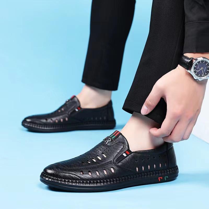 Весна-лето Мужские кожаные туфли с полой дышащей удобной мягкой подошвой без застежек Повседневные туфли на плоской подошве
