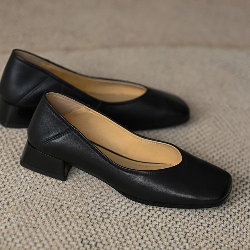 Одиночные туфли женские весна осень новые простые французские ретро квадратный носок толстый каблук женские туфли маленький каблук ретро туфли женские