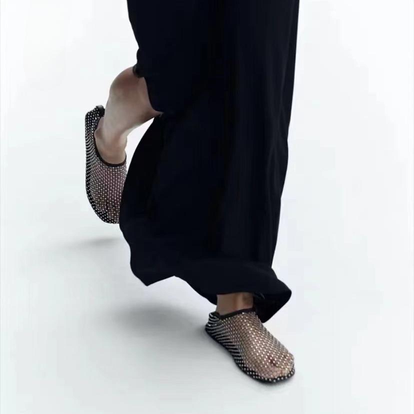 Summer New Round Toe Sandals with Hollowed Out Diamond Inlaid Short Boots Summer Sexy Oversized Flat Shoes