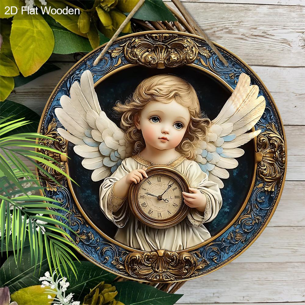 Wooden Sign Adorable Angel & Clock Pattern - Charming Round Artwork for Front Door Wall Home Hanging Decoration