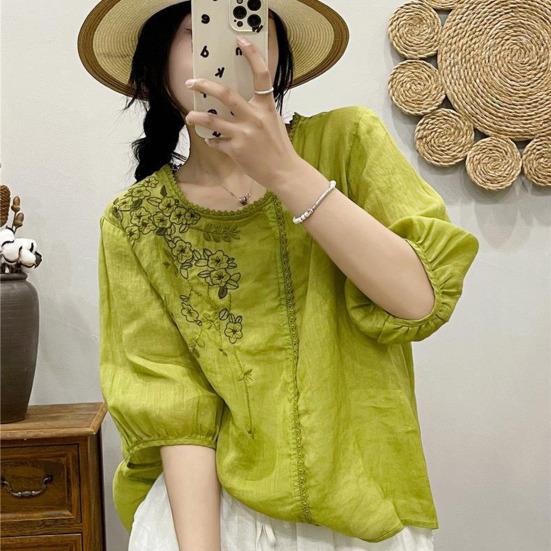 Женские топы с круглым вырезом и рукавами, вышитая футболка с цветочным узором, однотонная футболка, свободная рубашка, уличная одежда