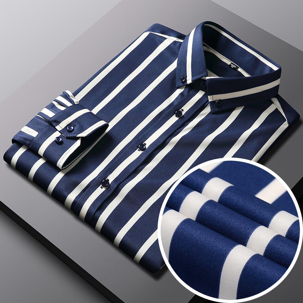 Mens 4-Way Stretch Collared Wrinkle-Free Button-Down Shirts, Business Casual Long Sleeve Silky Sheen Looking Striped Dress Shirt