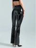 Женские черные брюки-микроклёш из зеркальной ПУ-кожи с высокой талией