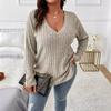 New Spring Autumn Solid Color Women's Tops V-neck Long-sleeved Pit Striped Brushed T-shirt Loose Pullover
