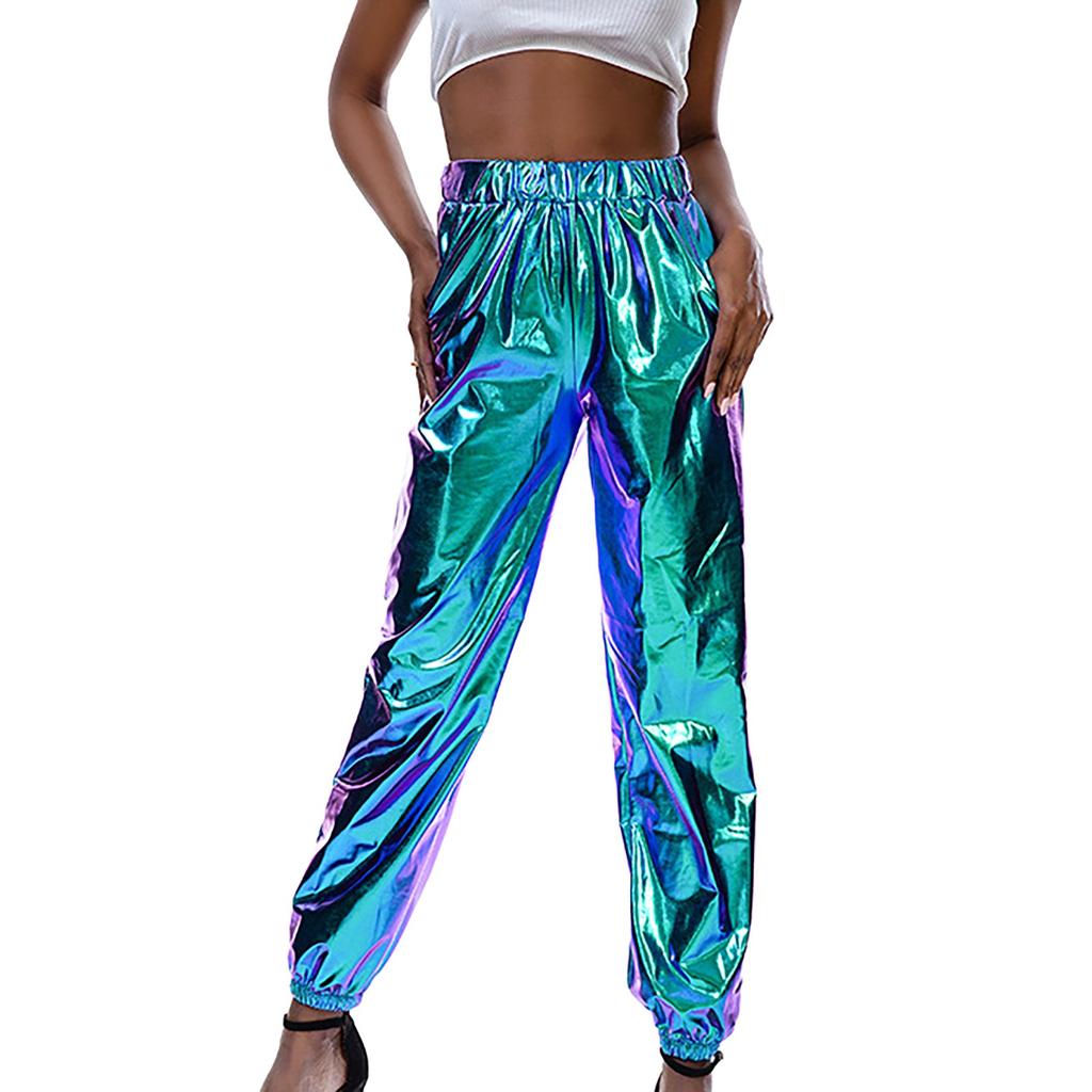 Женские блестящие брюки Эластичные спортивные брюки Свободные повседневные длинные брюки для отдыха Спортивные штаны Беговые штаны Эластичные леггинсы Вечеринка Дискотека Клубная одежда