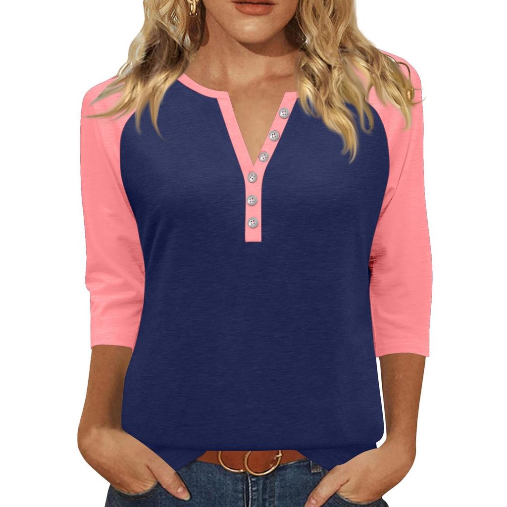Жен. Футболка С принтом Пуговицы Рукав 3/4 Повседневные Выходные Мода Классический Классический V-образный вырез Обычный Верх