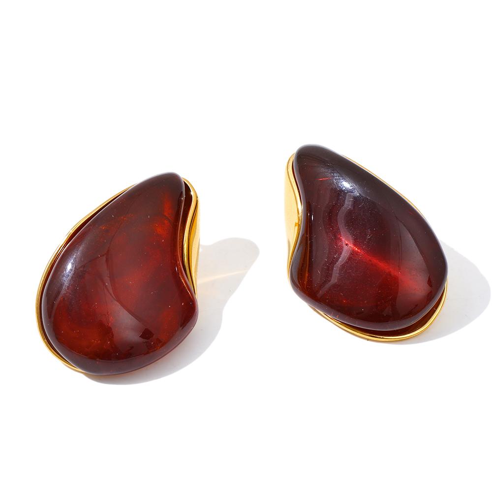 Yhpup Fashion Resin Acrylic Water Drop Stud Earrings 18K Golden Plated Stainless Steel Y2K Daily Jewelry Pink Beige Amber Green