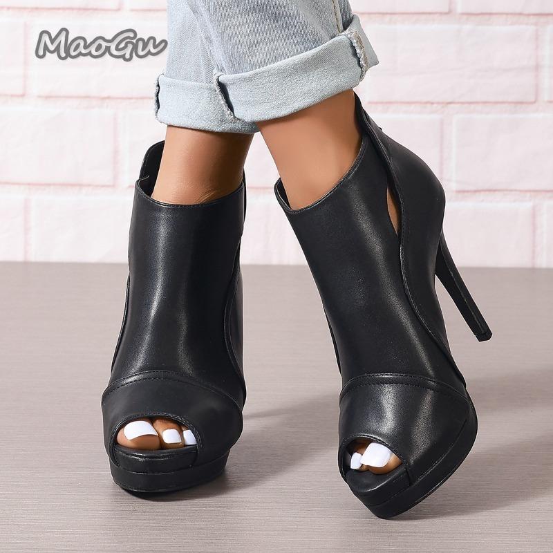 Fashion Large Size Black Thin High Heels Summer Boots Zipper Peep Toe Platform Ankle Boots Women Shoes Botines Para Mujeres Botas Mujer