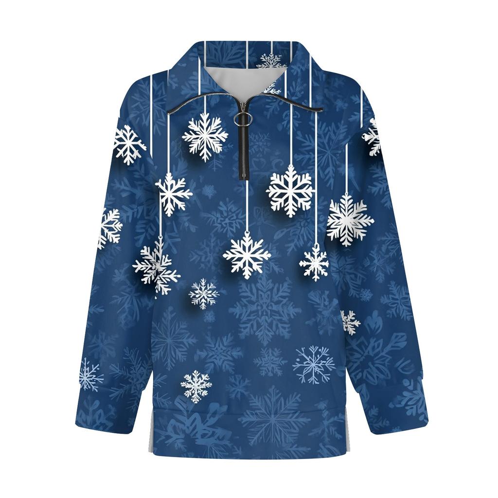 Женский повседневный свитер с полумолнией и лацканами со снежинками и разрезом сверху по бокам, модная одежда