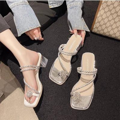 Крутые шлепанцы со стразами на носке, два способа носки, пляжные сандалии, французские шлепанцы на толстом каблуке, женская обувь 2025, осень, новинка, голубиные яйца