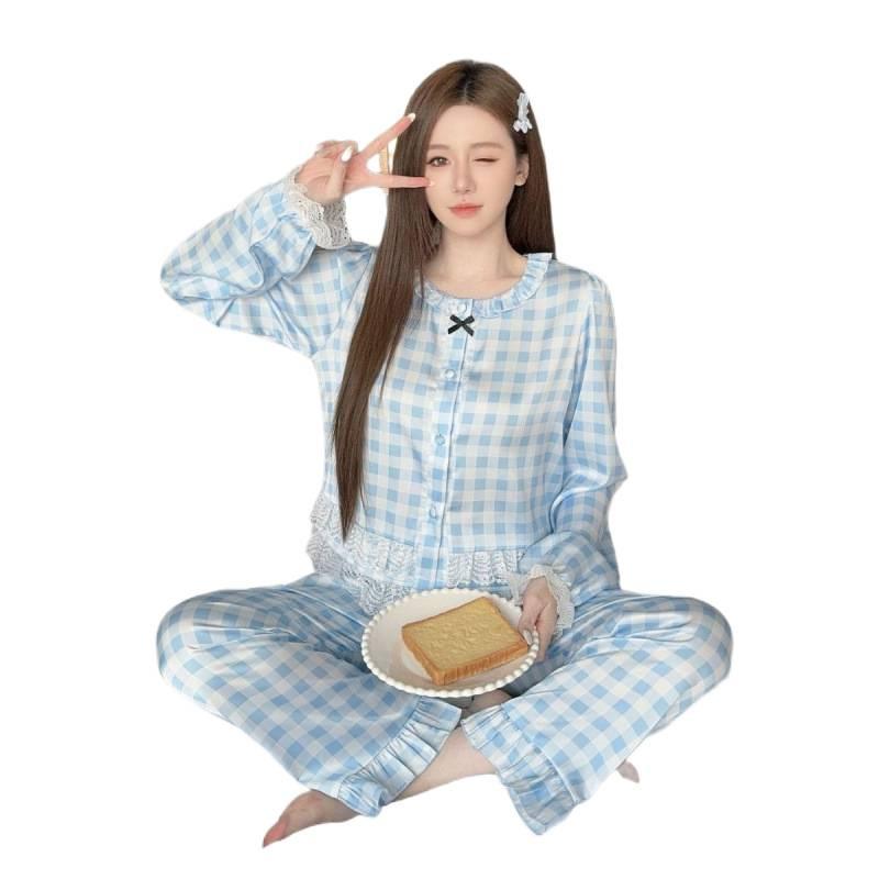 Sweet wind simple casual comfortable home clothes spring and autumn plaid pattern small lace long sleeves trousers cardigan pajamas