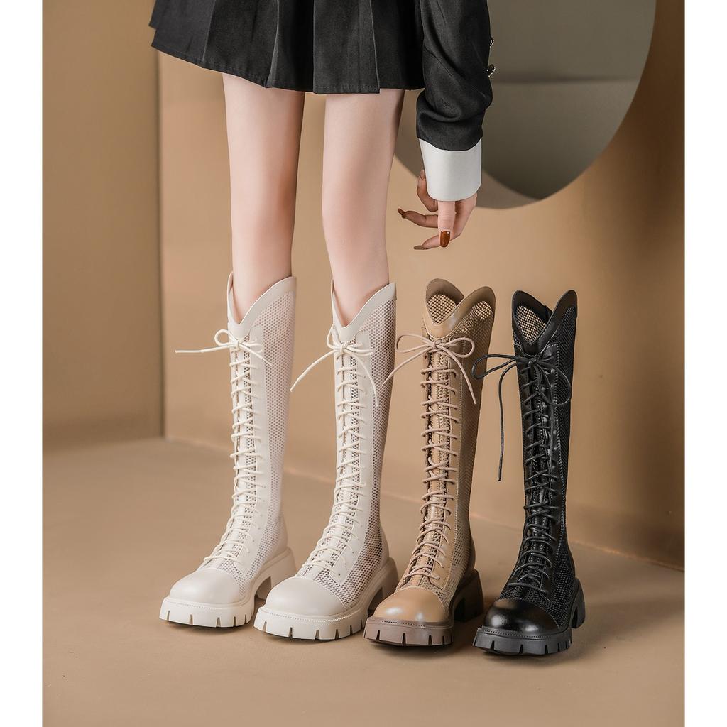 Long Tube Mesh Boots for Women In Spring and Summer 2025 New Soft Leather Thin Version Thick Soled Lace Up Mesh Knight Boots