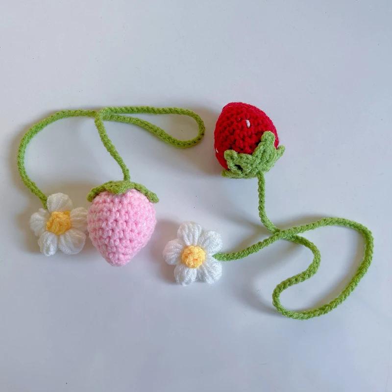 Cute Handmade Flower Knitted Pendant Car Rear View Mirror Decor Hanging Crochet Pink Strawberry Bag Key Pendant Women Girl Gift